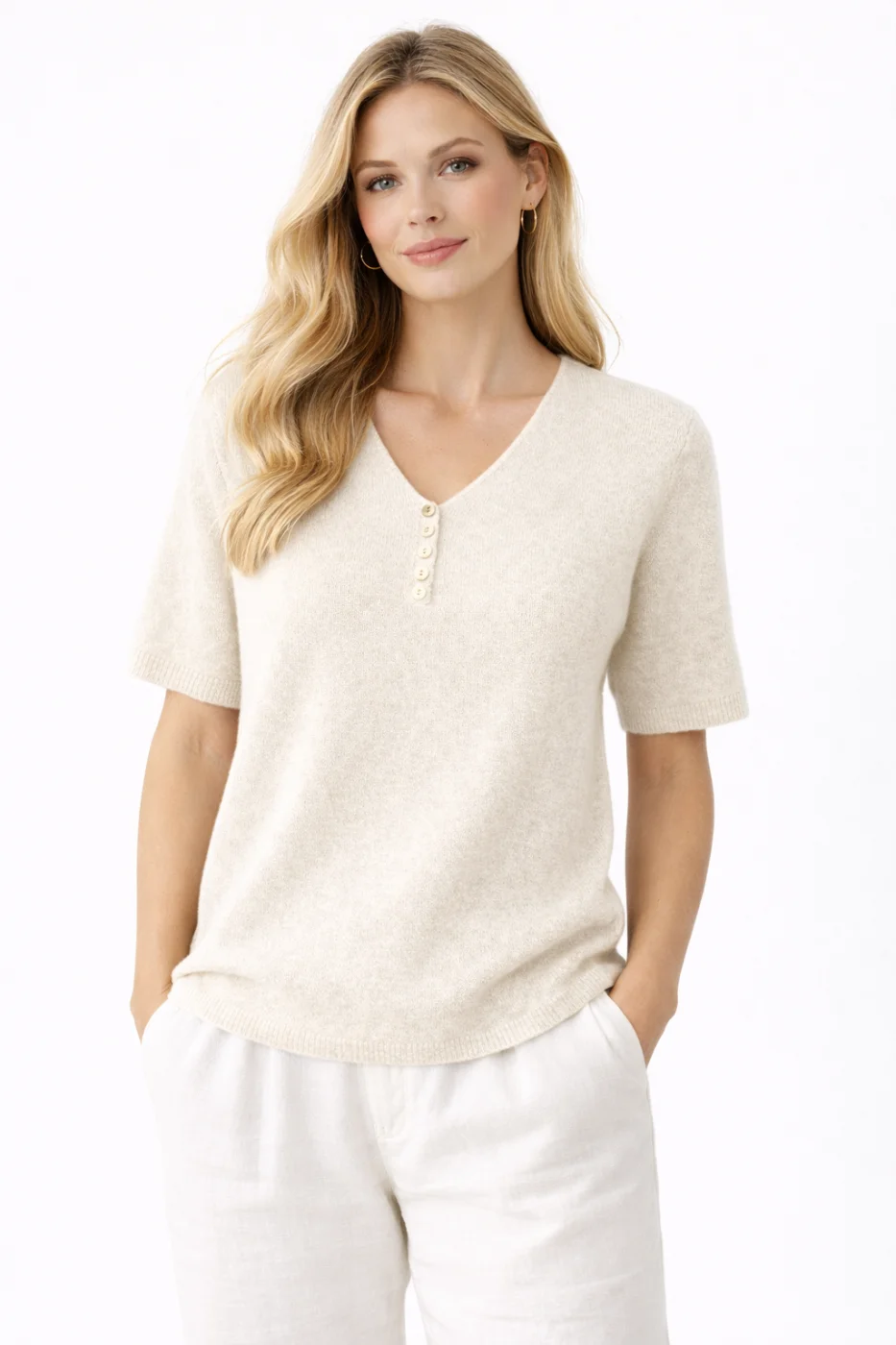 Pull maille entièrement tricotée col V  | Vintage Mode