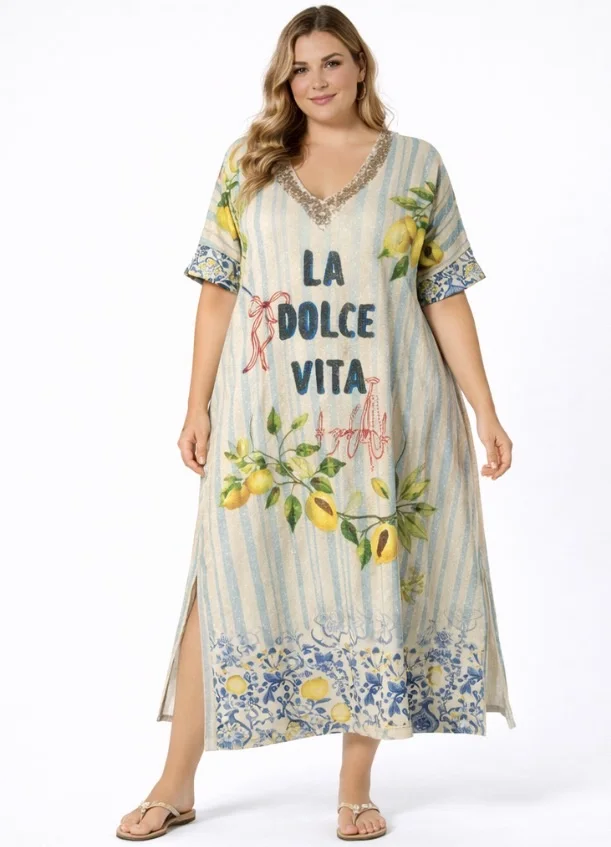 Robe longue imprimée citron – style Amalfi | Vintage Mode