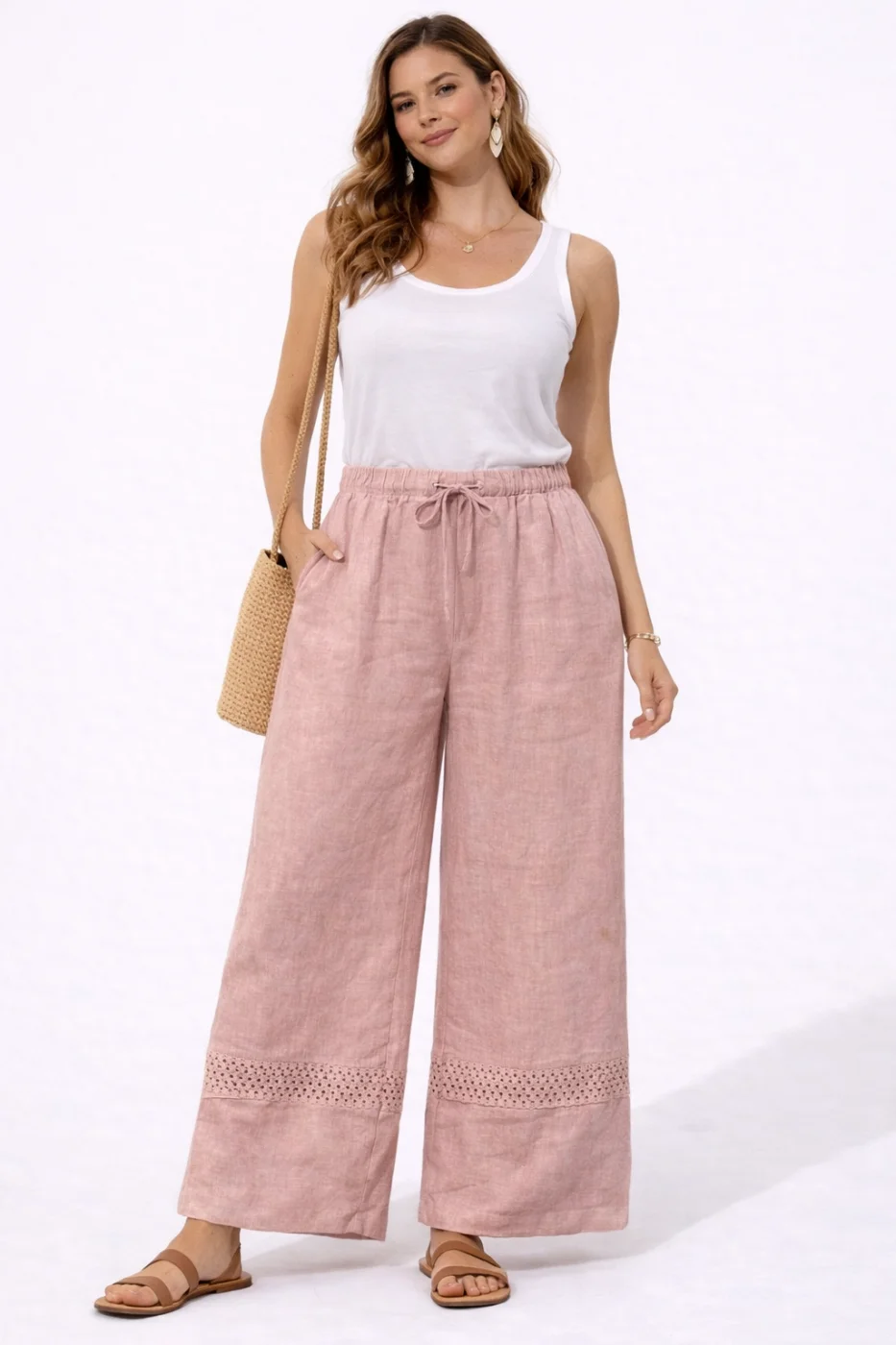 Pantalon large en lin naturel avec détail ajouré | Vintage Mode