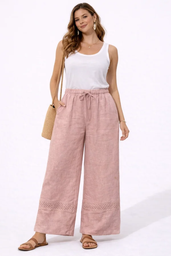 Pantalon large en lin naturel avec détail ajouré | Vintage Mode