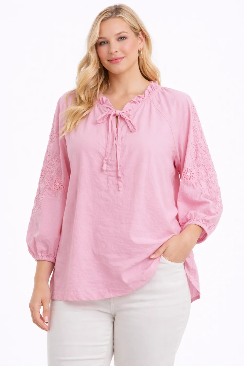 Blouse ample en coton avec broderie manches 3/4  | Vintage Mode