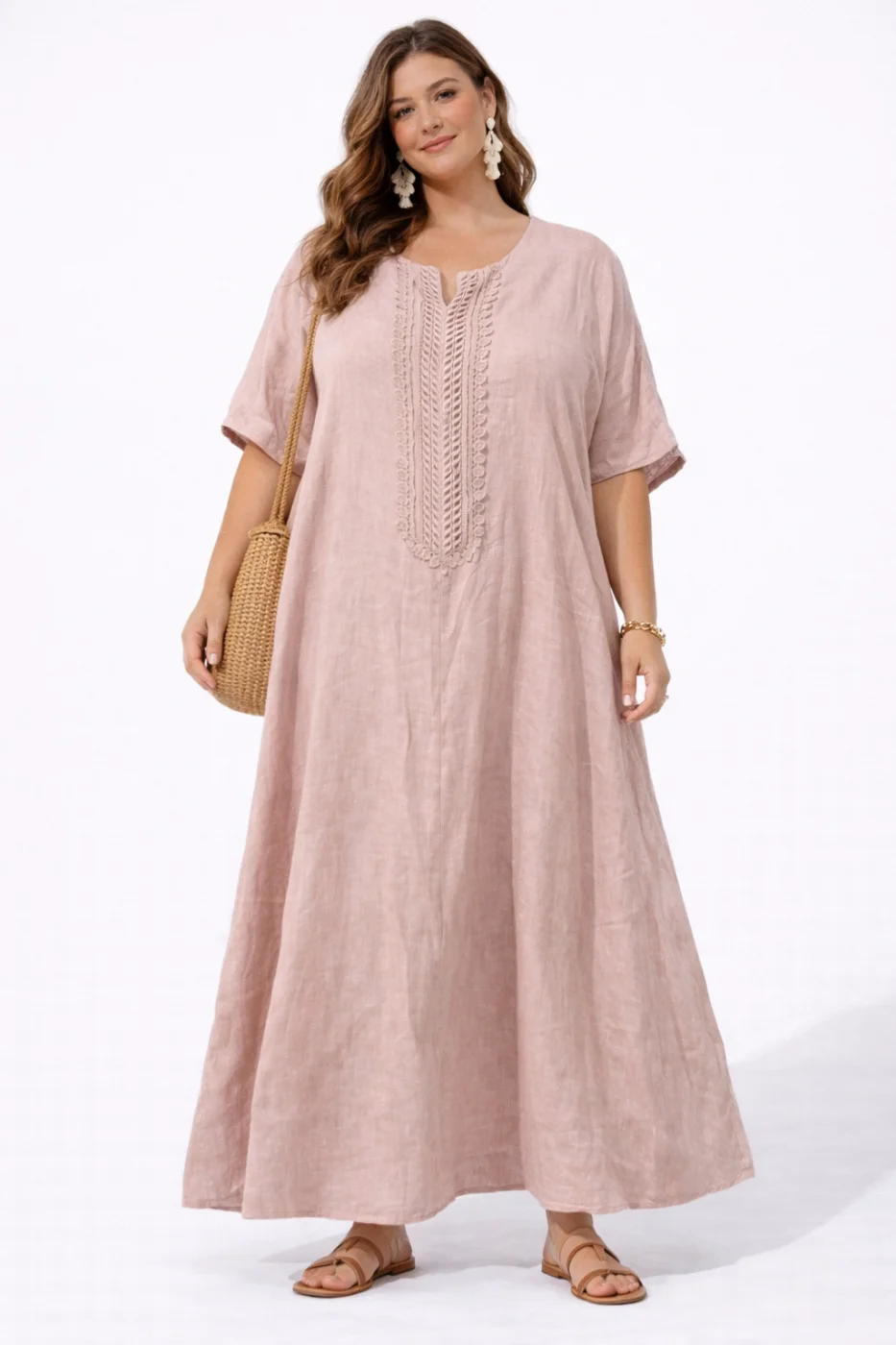 Robe longue en lin avec plastron brodé  | Vintage Mode