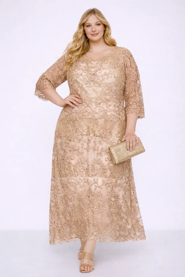 Robe longue brodée à sequins – manches 3/4  | Vintage Mode