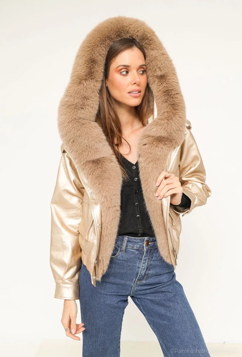 manteau en  simili cuir avec intérieur tout  fourré,  bordé d’une fourrure amovible | Valora Select