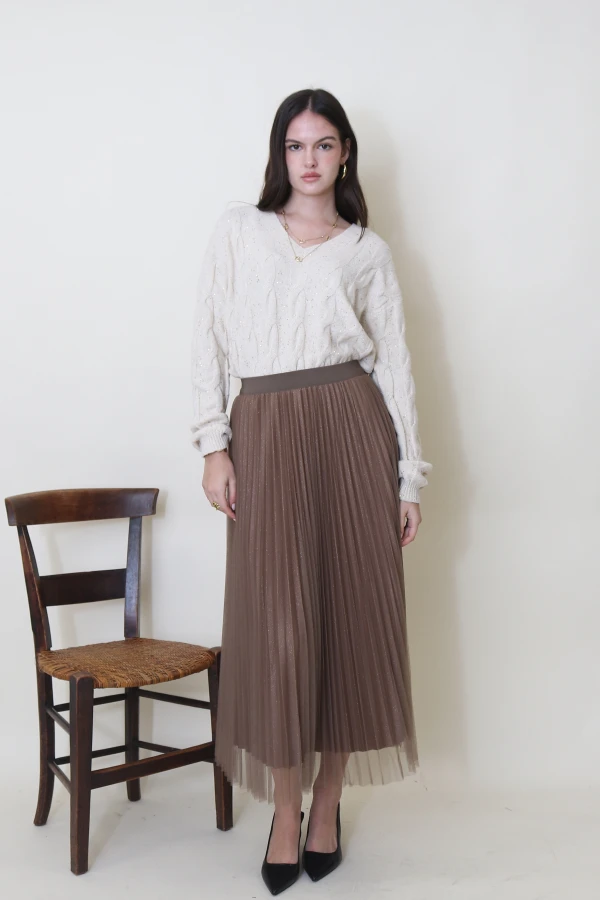 jupe plissée réversible , taille élastique, un côté lurex  et un côté uni . longueur 84 cm  | Valora Select