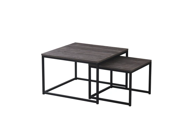 TABLE BASSE BELGRADE PIED METAL NOIR BOIS GRIS 70X70X46 / 50X50X40CM | MULTI-AFFAIRES