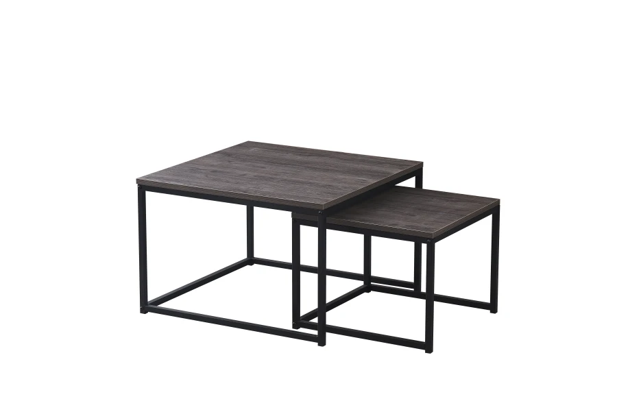 TABLE BASSE BELGRADE PIED METAL NOIR BOIS GRIS 70X70X46 / 50X50X40CM | MULTI-AFFAIRES