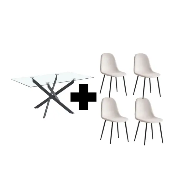 ENSEMBLE TABLE JESSICA PIED NOIR TRANSPARENT 150 CM + 4 CHAISES SCANDINAVES | Eurostore