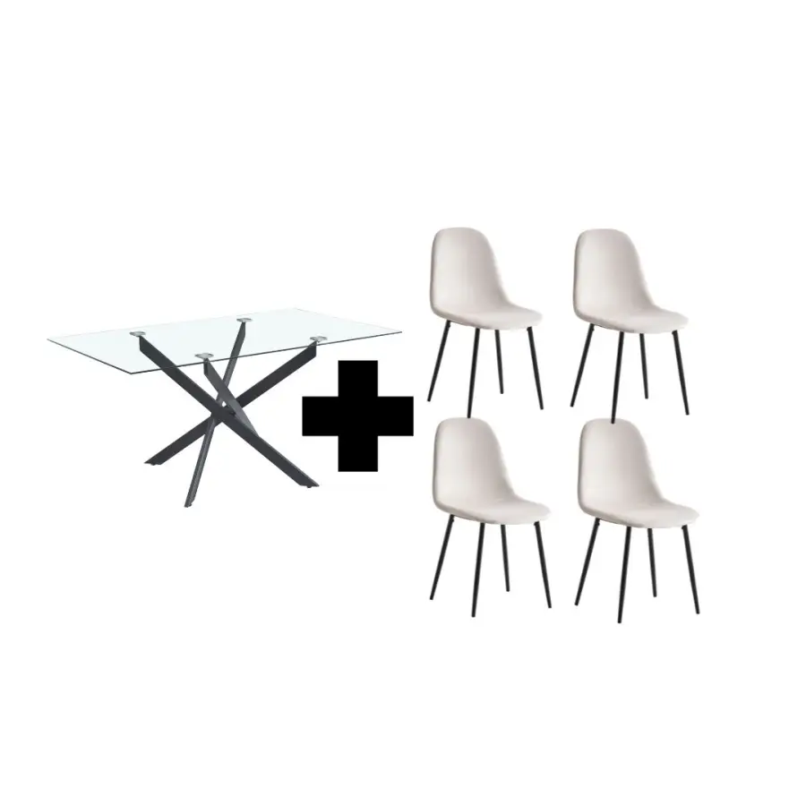 ENSEMBLE TABLE JESSICA PIED NOIR TRANSPARENT 150 CM + 4 CHAISES SCANDINAVES | Eurostore