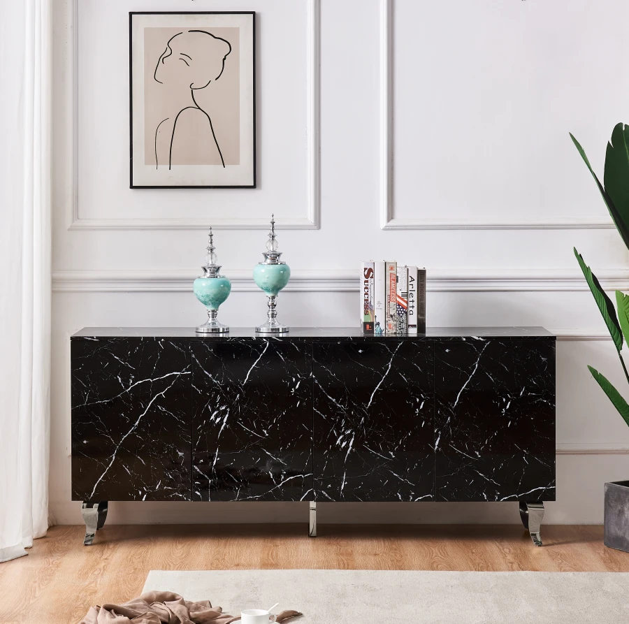 BUFFET BAROQUE LAQUE MARBRE NOIR 4 PORTES 180X40X80 CM PIEDS CH | MULTI-AFFAIRES