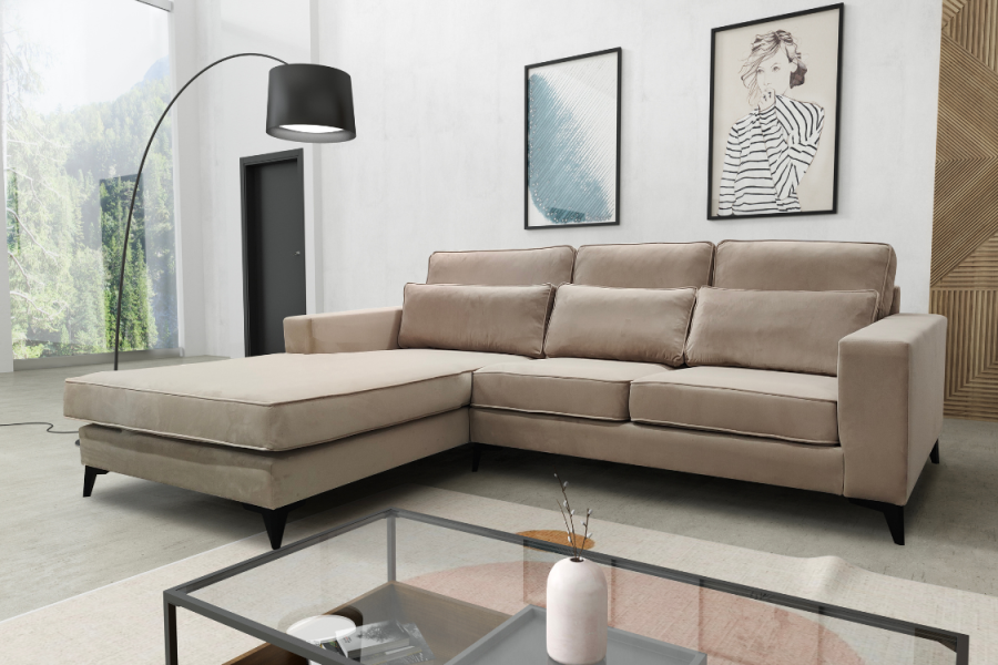 CANAPE ANGLE GAUCHE VELOURS BEIGE 265x200cm | Eurostore