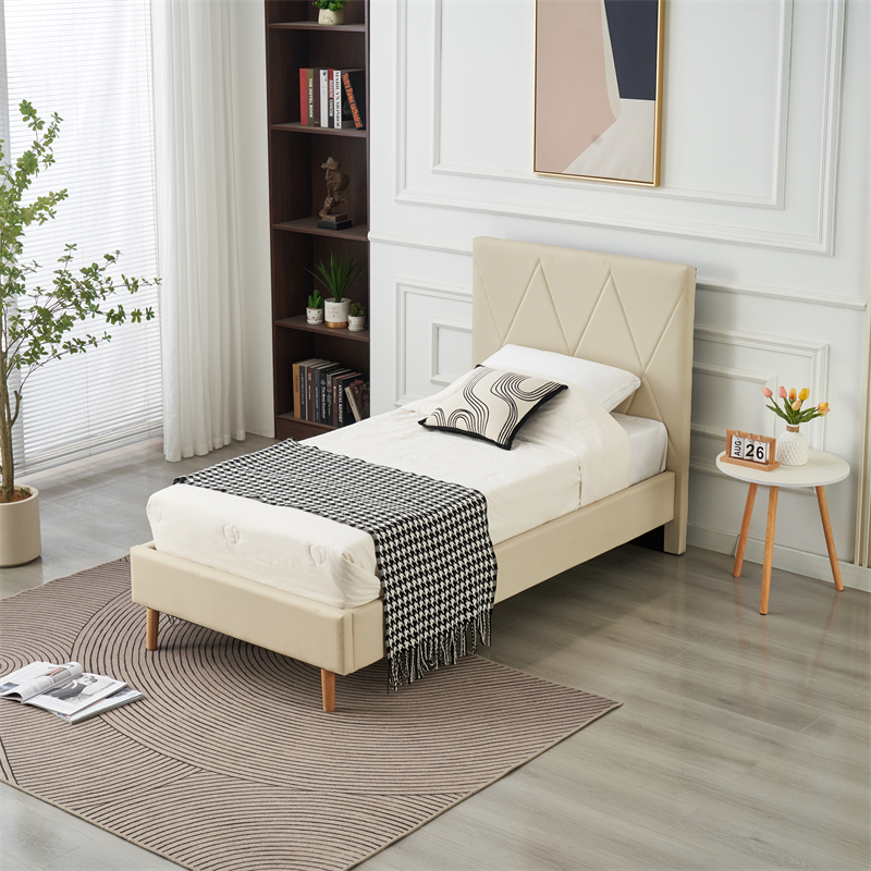 LIT SIMPLE SQUARE PIED BOIS SIMILICUIR BEIGE 90X190CM | Eurostore