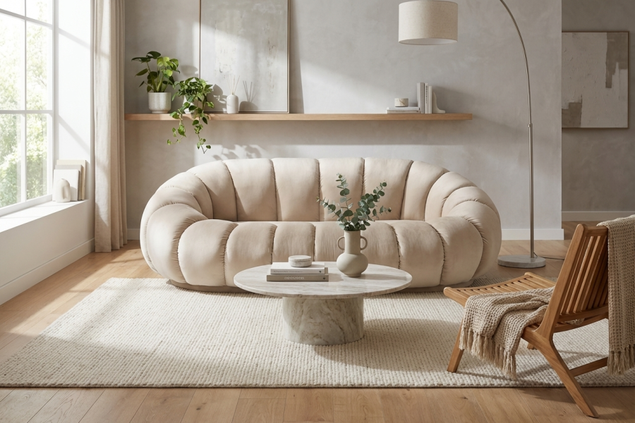 CANAPE PERLE EN VELOURS BEIGE 180x105x35cm | MULTI-AFFAIRES