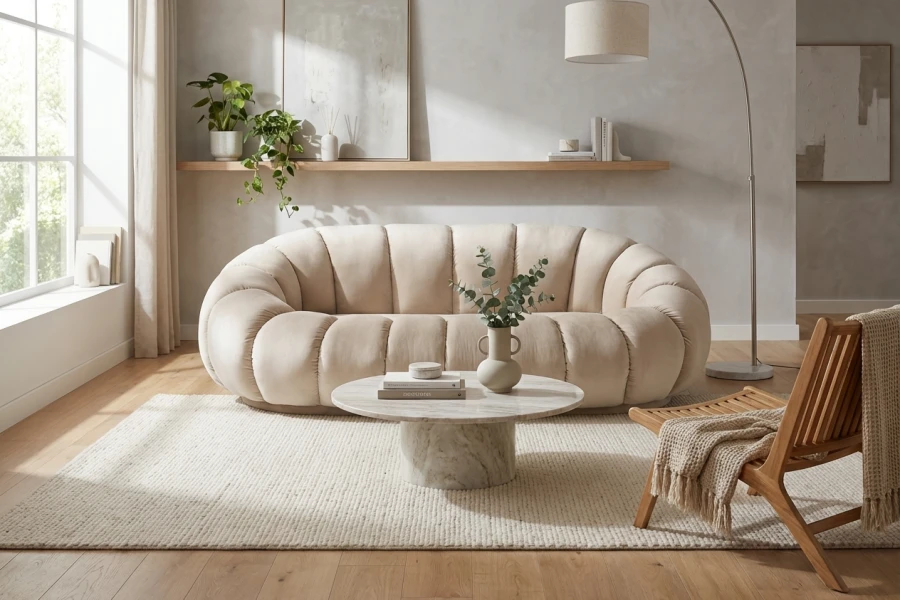 CANAPE PERLE EN VELOURS BEIGE 180x105x35cm | MULTI-AFFAIRES