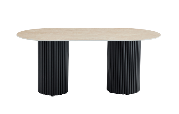 TABLE A MANGER KEYSHA METAL NOIR CERAMIQUE TRAVERTIN 180x90cm | Eurostore