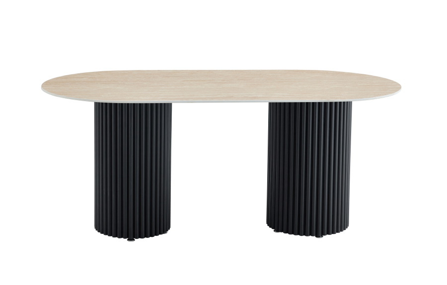 TABLE A MANGER KEYSHA METAL NOIR CERAMIQUE TRAVERTIN 180x90cm | Eurostore