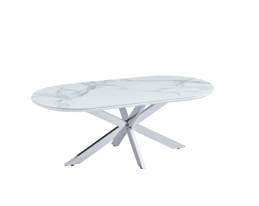 TABLE BASSE MANON PIED CHROME PLATEAU CERAMIQUE MARBRE BLANC 120X60CM | MULTI-AFFAIRES