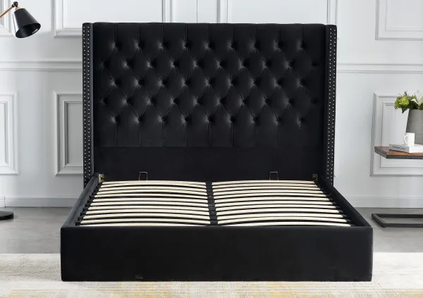 LIT DOUBLE CLOUTE CAPITONNE AVEC COFFRE VELOURS NOIR 180x200 cm | Eurostore