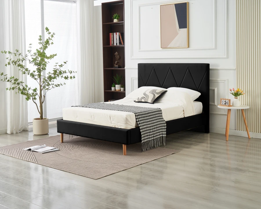 LIT DOUBLE SQUARE PIED BOIS SIMILICUIR NOIR 140X190CM | Eurostore