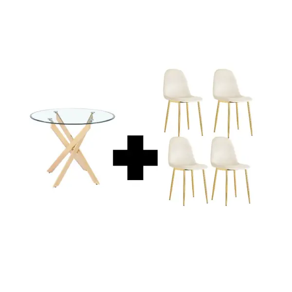 ENSEMBLE TABLE JESSICA PIED GOLD TRANSPARENT 100 CM + 4 CHAISES SCANDINAVES | Eurostore