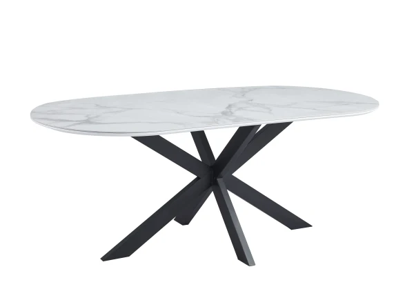 TABLE REPAS MANON PIED METAL NOIR PLATEAU CERAMIQUE MARBRE BLANC 200x100cm | MULTI-AFFAIRES