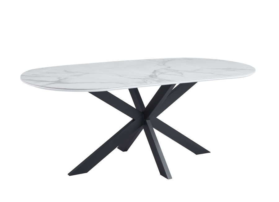 TABLE REPAS MANON PIED METAL NOIR PLATEAU CERAMIQUE MARBRE BLANC 200x100cm | MULTI-AFFAIRES