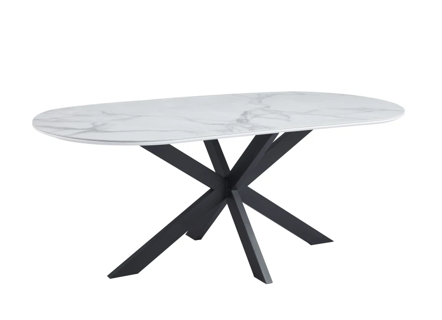 TABLE REPAS MANON PIED METAL NOIR PLATEAU CERAMIQUE MARBRE BLANC 200x100cm | MULTI-AFFAIRES