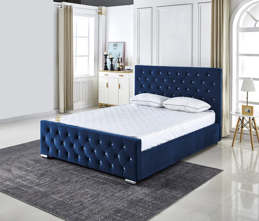 LIT PRESTIGE CAPITONNE AVEC DIAMANT VELOURS BLEU 140x190 cm | MULTI-AFFAIRES