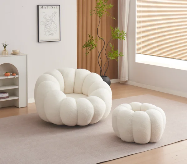 FAUTEUIL PIVOTANT PERLE EN TISSU DOUDOU BEIGE + POUF REPOSE PIED | MULTI-AFFAIRES