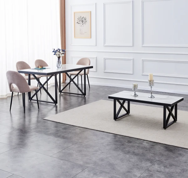 TABLE REPAS LEVANTO METAL NOIR MARBRE BLANC  180x90x75 cm | MULTI-AFFAIRES