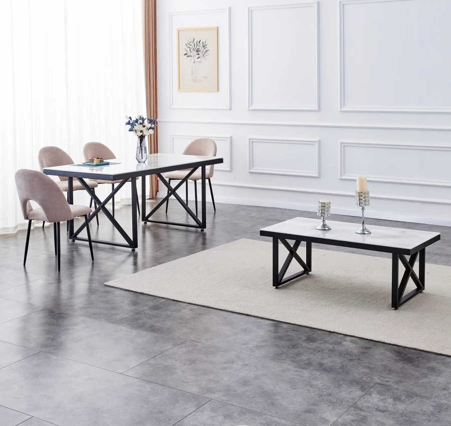 TABLE REPAS LEVANTO METAL NOIR MARBRE BLANC  180x90x75 cm | MULTI-AFFAIRES
