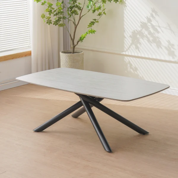 TABLE BASSE NYSA PIED METAL NOIR CERAMIQUE TRAVERTIN BLANC 120x70x45cm | MULTI-AFFAIRES