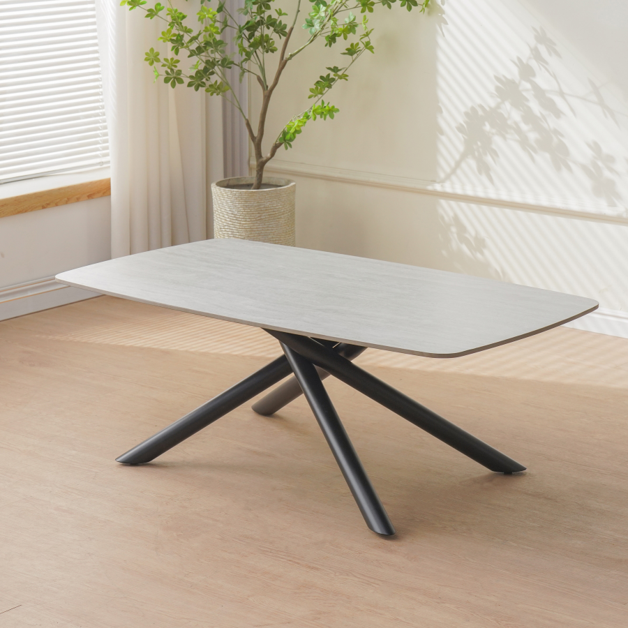 TABLE BASSE NYSA PIED METAL NOIR CERAMIQUE TRAVERTIN BLANC 120x70x45cm | Eurostore