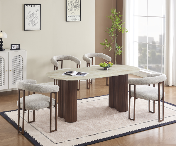 TABLE A MANGER VENEZIA PIED METAL EFFET NOYER CERAMIQUE TRAVERTIN BRILLANT 180x90x75cm | MULTI-AFFAIRES