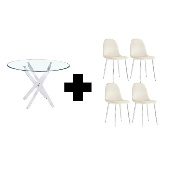 ENSEMBLE TABLE JESSICA PIED CHROME TRANSPARENT 100 CM + 4 CHAISES SCANDINAVES | Eurostore