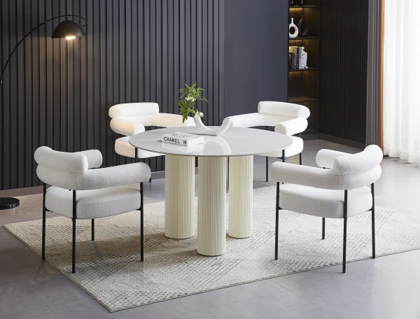 TABLE REPAS ANAÏS PIEDS BEIGE PLATEAU CERAMIQUE MARBRE BLANC 120CM | MULTI-AFFAIRES