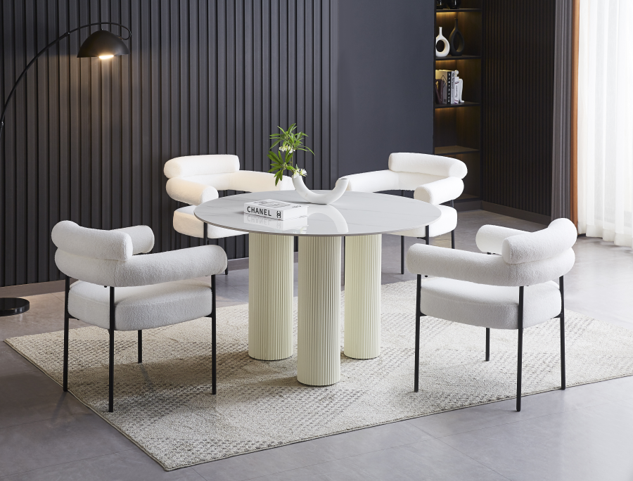 TABLE REPAS ANAÏS PIEDS BEIGE PLATEAU CERAMIQUE MARBRE BLANC 120CM | MULTI-AFFAIRES