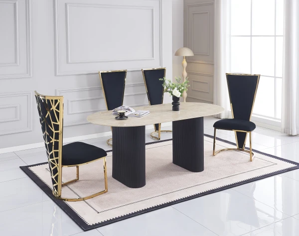 TABLE A MANGER ROXY PIED METAL NOIR PLATEAU CERAMIQUE TRAVERTIN 180x90cm | MULTI-AFFAIRES