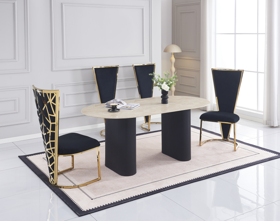 TABLE A MANGER ROXY PIED METAL NOIR PLATEAU CERAMIQUE TRAVERTIN 180x90cm | MULTI-AFFAIRES