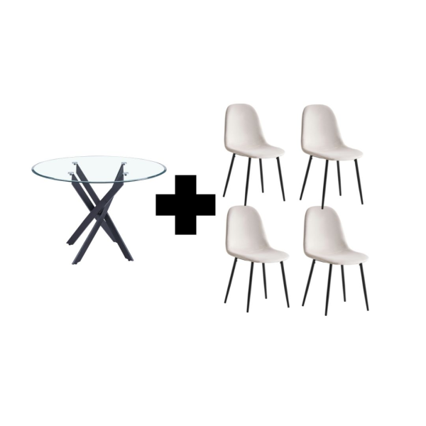 ENSEMBLE TABLE JESSICA PIED NOIR TRANSPARENT 100 CM + 4 CHAISES SCANDINAVES | Eurostore
