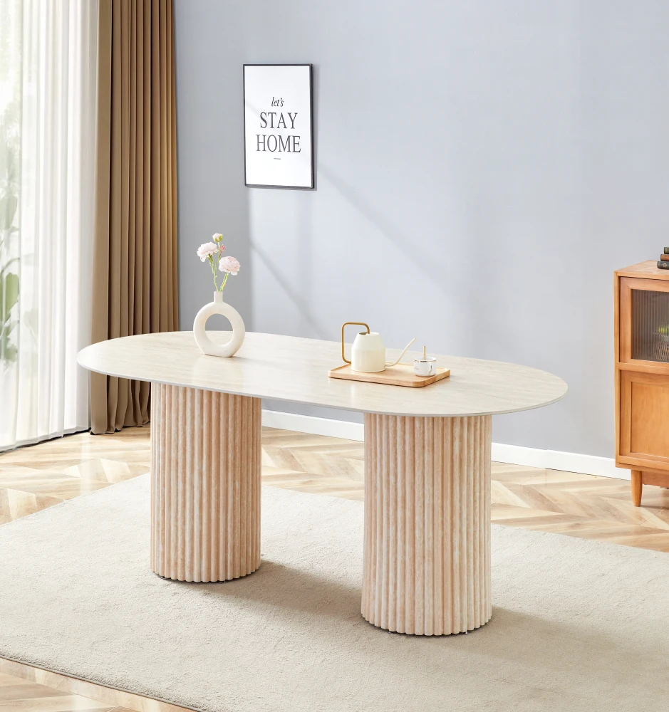 TABLE A MANGER KEYSHA PIED TRAVERTIN PLATEAU CERAMIQUE TRAVERTIN BRILLANT 160x90x75 CM | Eurostore