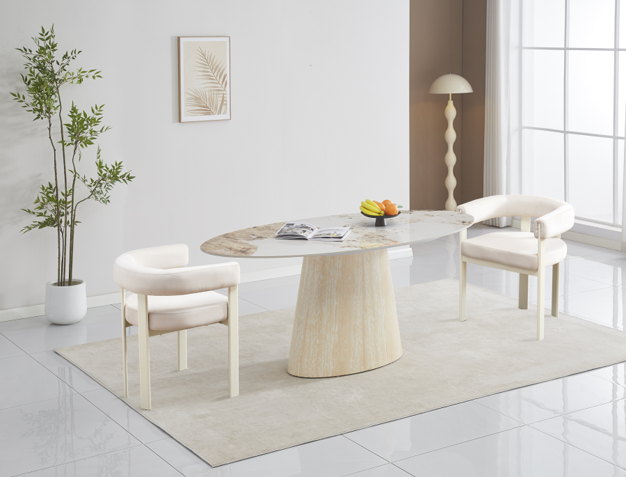 TABLE REPAS OVO PIED METAL EFFET TRAVERTIN CERAMIQUE BRUN 180x90cm | MULTI-AFFAIRES