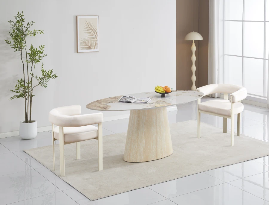 TABLE REPAS OVO PIED METAL EFFET TRAVERTIN CERAMIQUE BRUN 180x90cm | MULTI-AFFAIRES