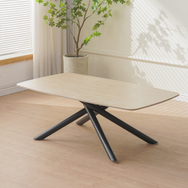 TABLE BASSE NYSA PIED METAL NOIR CERAMIQUE TRAVERTIN MAT 120x70x45cm | Eurostore