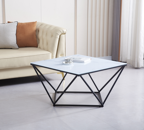 TABLE BASSE ALINA METAL NOIR VERRE MARBRE BLANC 80X80X45CM | MULTI-AFFAIRES