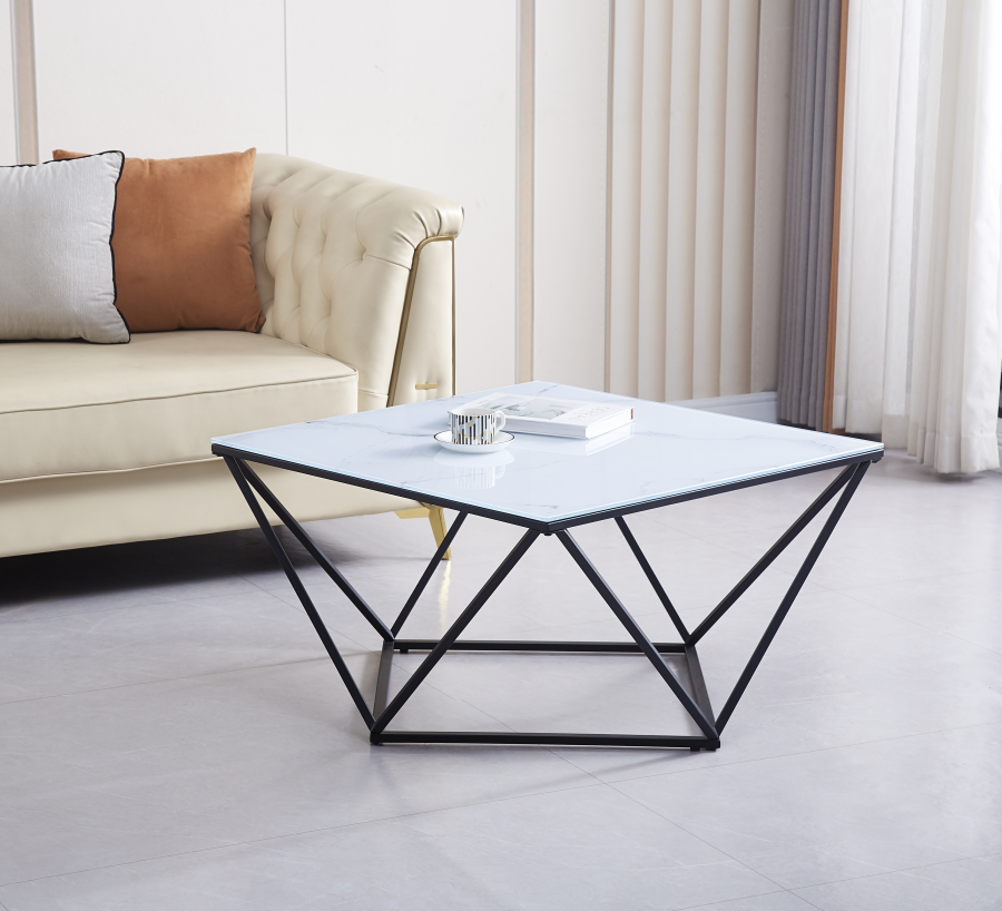 TABLE BASSE ALINA METAL NOIR VERRE MARBRE BLANC 80X80X45CM | MULTI-AFFAIRES