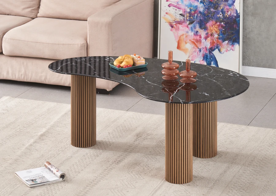 TABLE BASSE PYLONE PIED GOLD PLATEAU MARBRE NOIR 120X70X45cm | MULTI-AFFAIRES