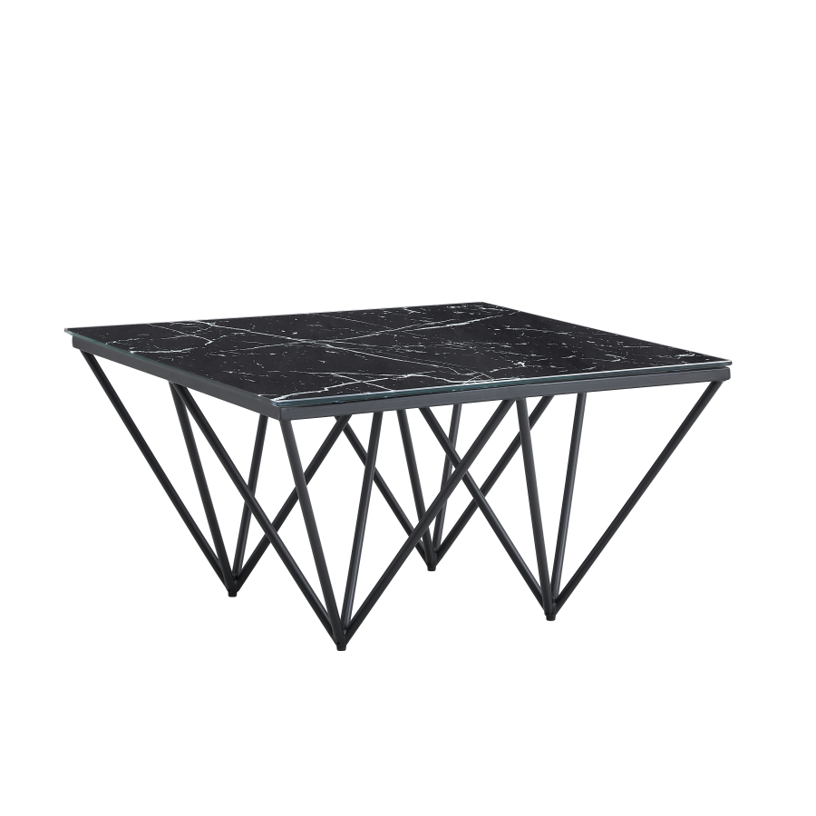 TABLE BASSE GIZEH METAL NOIR PLATEAU VERRE MARBRE NOIR 80x80x45 | MULTI-AFFAIRES