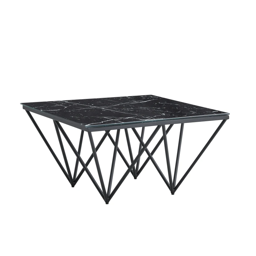 TABLE BASSE GIZEH METAL NOIR PLATEAU VERRE MARBRE NOIR 80x80x45 | MULTI-AFFAIRES