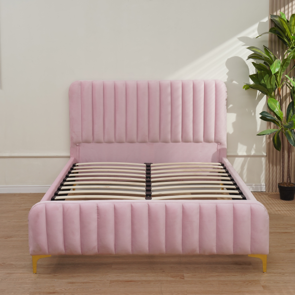 LIT FAYE CAPITONNE EN LIGNE VELOURS ROSE 140x190 cm | Eurostore